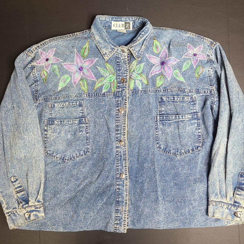 Club Z Denim Glam Beaded Painted Embellished‎ Tunic Length Western Shirt XXL